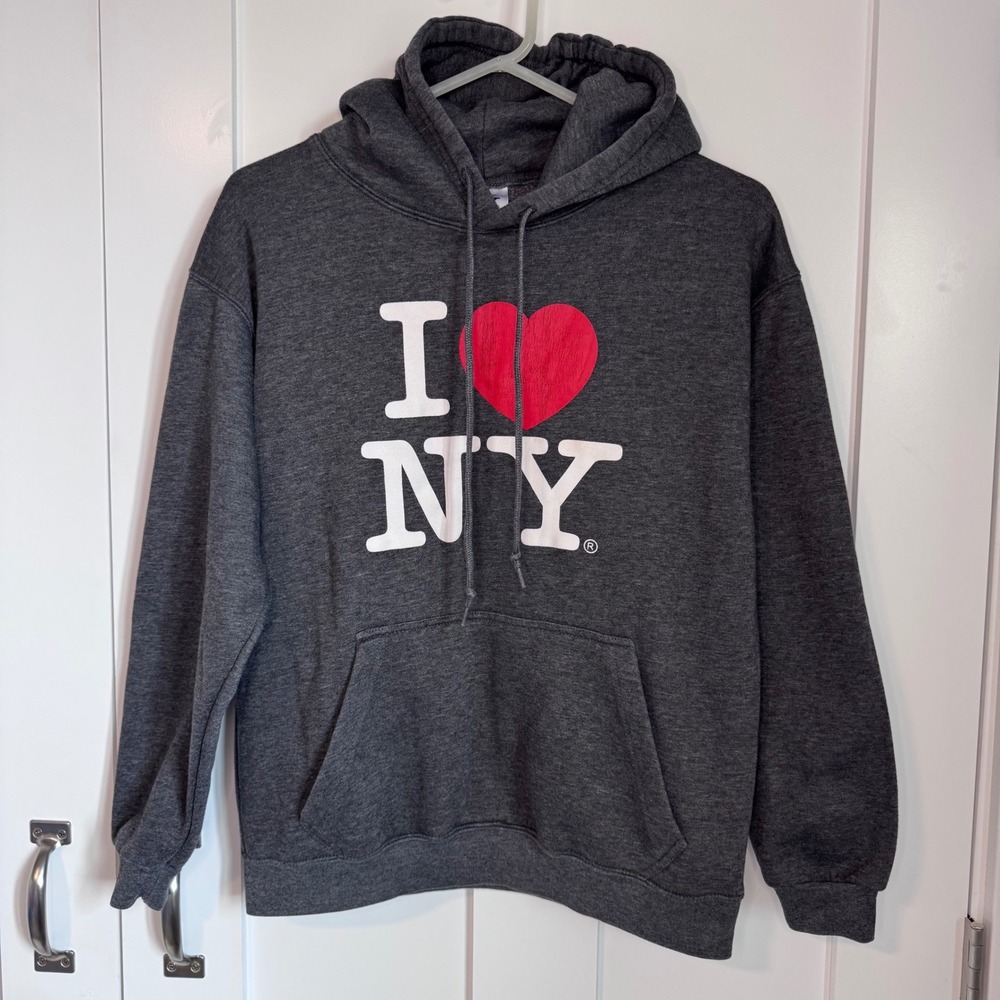 I Love New York NY Gray Hoodie Sweatshirt Women's Size Small Cotton Blend Pocket